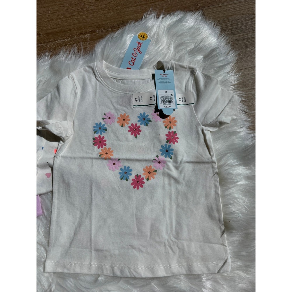 Cat & Jack T-Shirt Bundle Kids 4T Multicolor NWT Hearts Floral Sister Tee Set - Picture 3 of 4